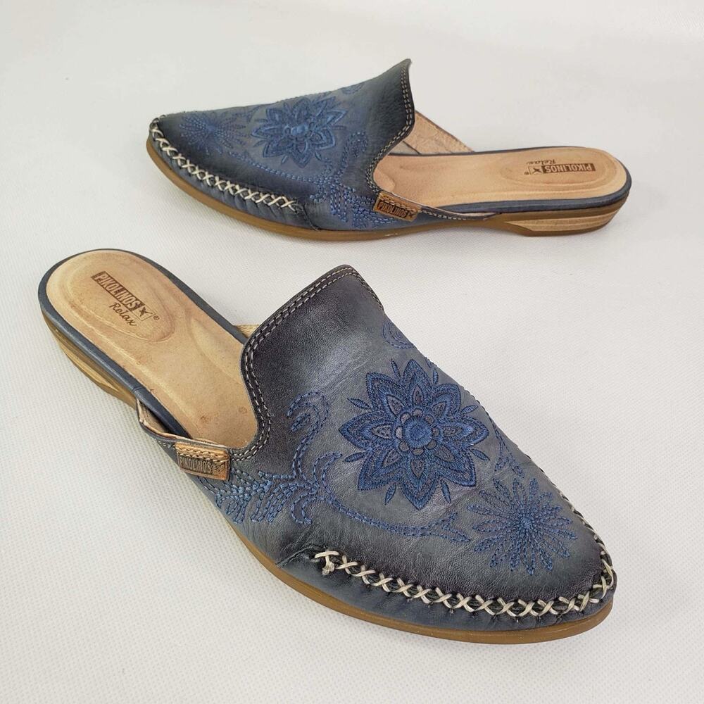 Pikolinos Bari Perforated Slip On Mules Western Blue Leather Embroidered Floral